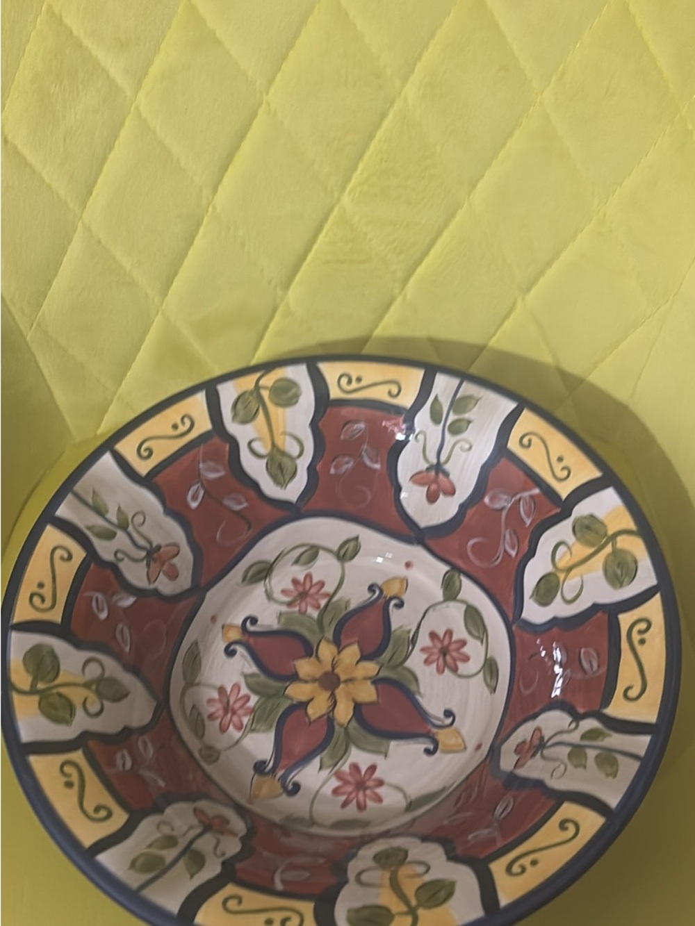 Pier 1 Red, Yellow and Green Hand-Painted Ceramic Serving Bowl 11.75